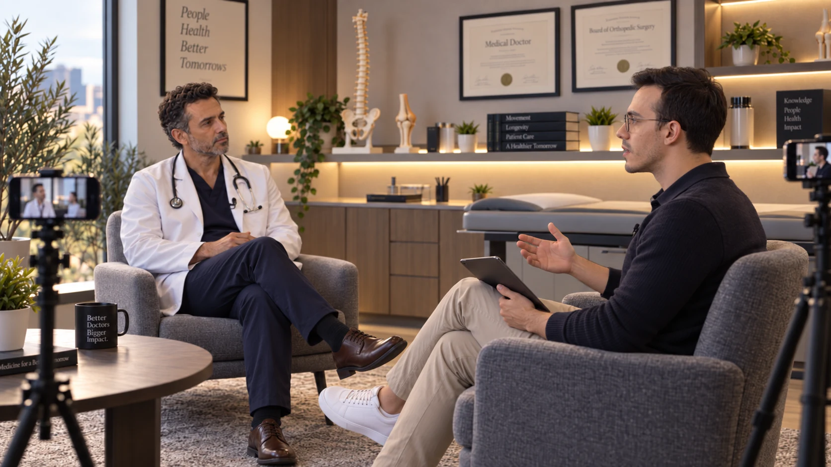 Un médico y un entrevistador conversan en un consultorio, con cámaras y micrófonos preparados para grabar.
